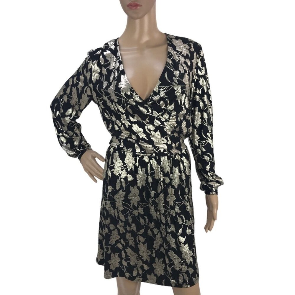 NWT Vero Moda Womens Floral A-Line Dress Metallic Long Sleeve VNeck Mini Dress S - Picture 2 of 8